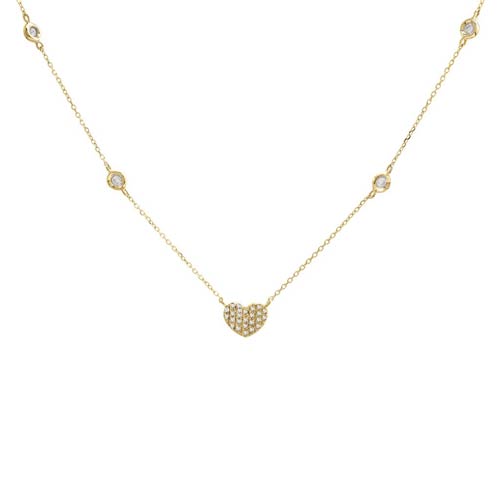 14k Yellow Gold 0.18 ct Diamond Pave Heart Necklace With Bezel Stations