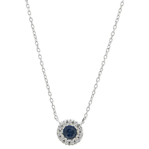 14k White Gold .16 ct Blue Sapphire Halo Necklace with Diamonds