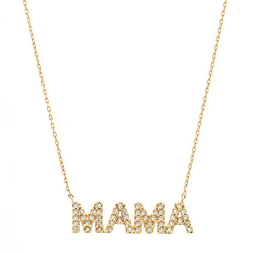 14k Yellow Gold Mama Micro Pave Diamond Necklace
