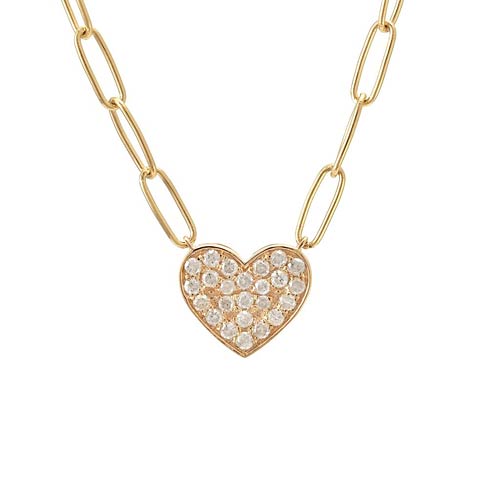 14k Yellow Gold 0.30 ct tw Diamond Pave Heart Paper Clip Link Necklace