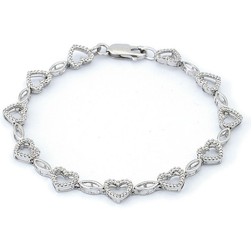 Sterling Silver .12 ct tw Diamond Heart Charm Bracelet