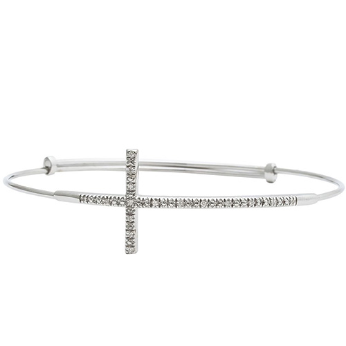 Sterling Silver Pave Diamond Cross Bangle Bracelet