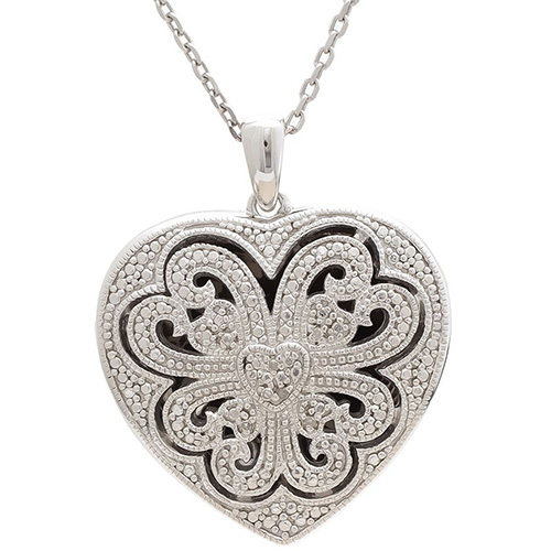 Sterling Silver Pave Diamond Filigree Heart Locket Necklace