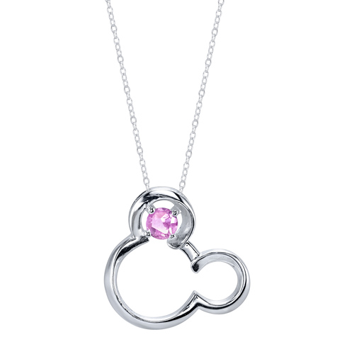 Sterling Silver Pink Sapphire Mickey Mouse Pendant on 18in Box Chain