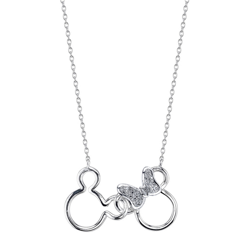 Silver Diamond Minnie & Mickey Mouse Necklace with 18in Chain 