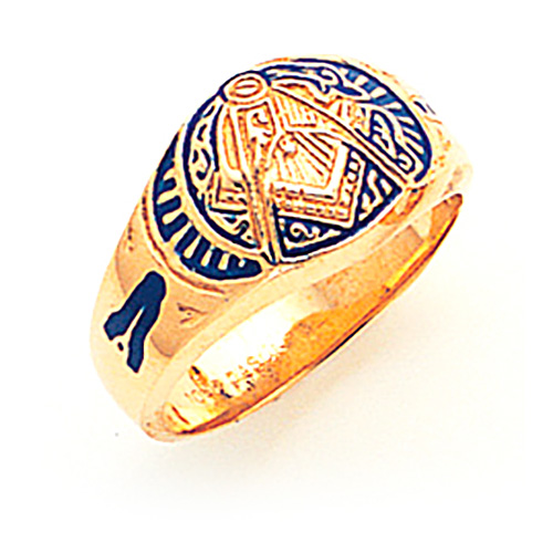 14kt Yellow Gold Masonic Ring with Elaborate Blue Enamel Design