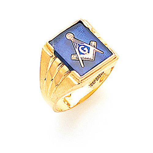 10k Yellow Gold Masonic Ring with Rectangular Stone and Grooves