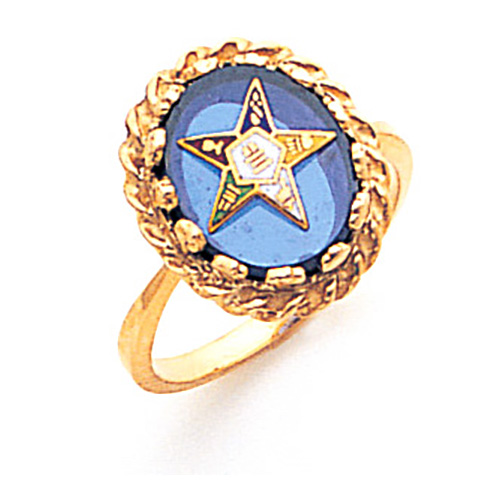 Eastern Star Blue Stone Ring with Decorative Bezel 10k Yellow Gold