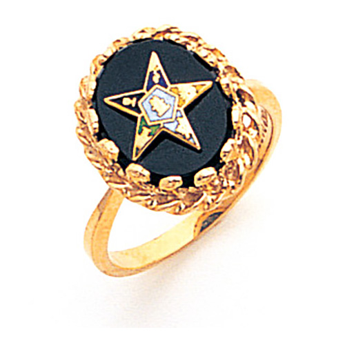 Eastern Star Onyx Ring with Decorative Bezel 14k Yellow Gold