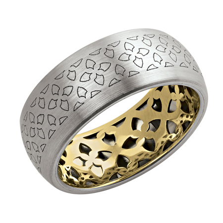 14kt Two-tone Gold 9mm Wedding Band with Leaf Pattern