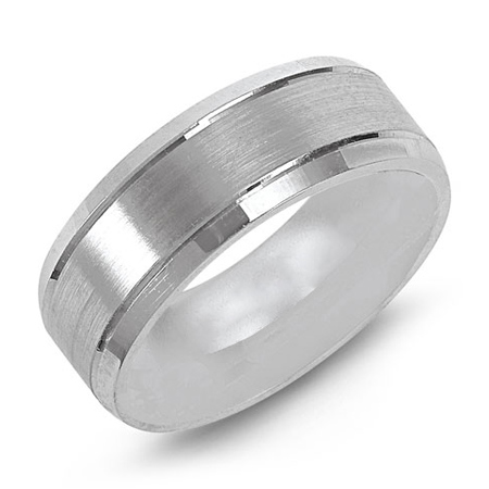 14kt White Gold 8mm Satin Wedding Band with Step Down Edges