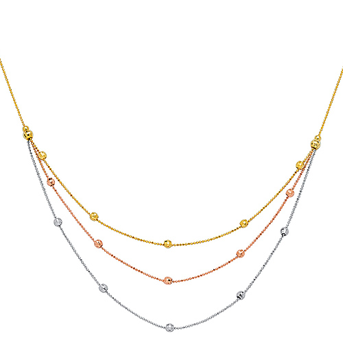 14k Tri-color Gold Three Layer Station Bead Necklace