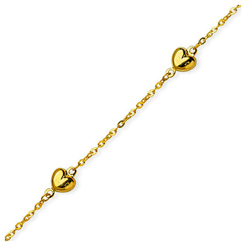 14kt Yellow Gold 9 to 10in Puffed Hearts Anklet
