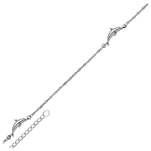14kt White Gold 9 to 10in Dolphin 3 Station Anklet