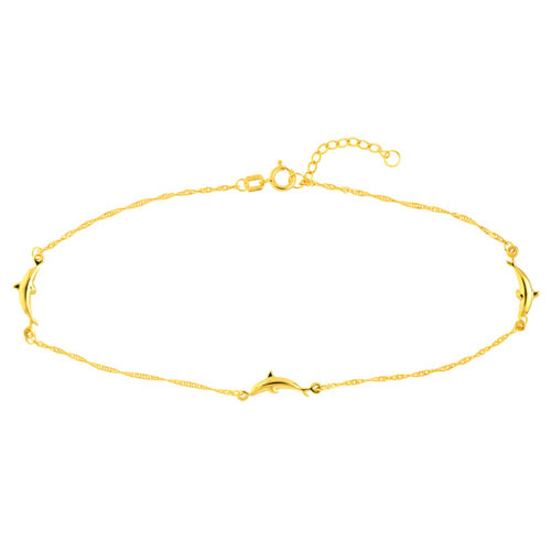 14kt Yellow Gold 9 to 10in Dolphin 3 Station Anklet
