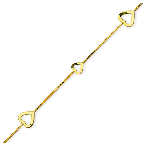 14kt Yellow Gold 9 to 10in Heart Station Box Anklet