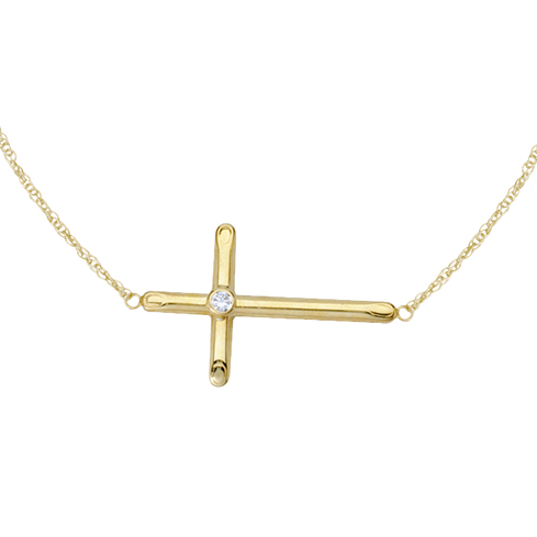 Gold-plated Sterling Silver 1in Sideways Cross Necklace with CZ Accent