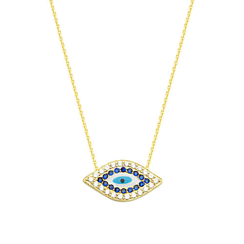 14k Yellow Gold Black Blue White Cubic Zirconia Evil Eye Necklace