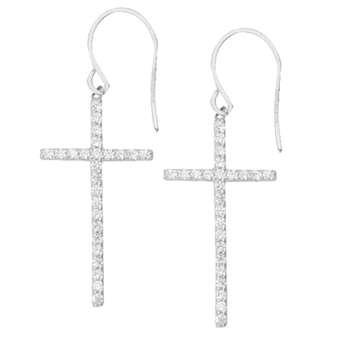 Sterling Silver 1 1/4in CZ Dangle Cross Earrings
