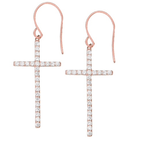 Rose Gold-plated Sterling Silver 1 1/4in CZ Dangle Cross Earrings