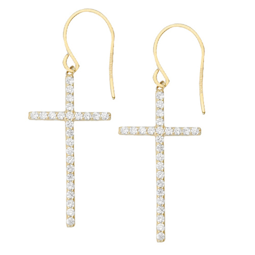 Gold-plated Sterling Silver 1 1/4in CZ Dangle Cross Earrings