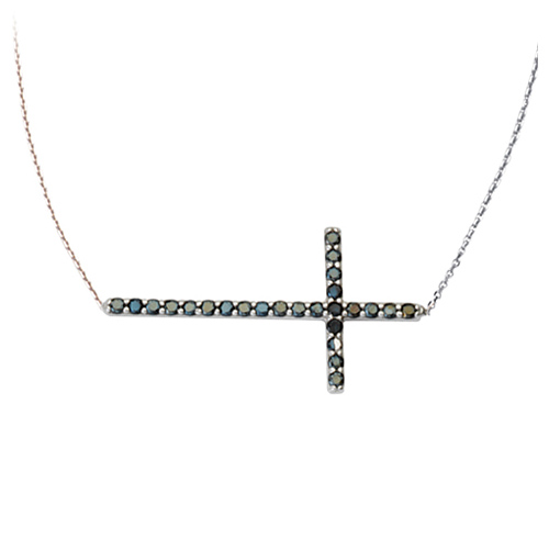 Sterling Silver 1 1/8in Black CZ Sideways Cross 18in Necklace