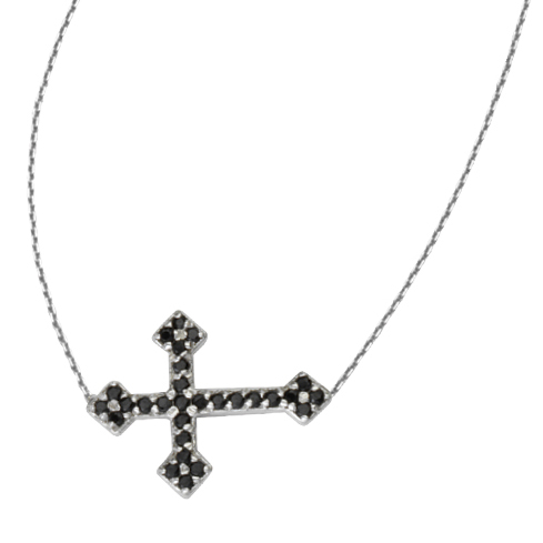 Sterling Silver Black CZ Sideways Fancy Cross Necklace