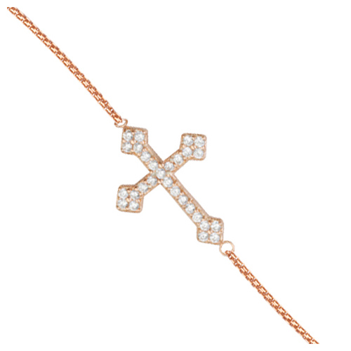 Rose Gold-plated Sterling Silver CZ Fancy Sideways Cross Bracelet