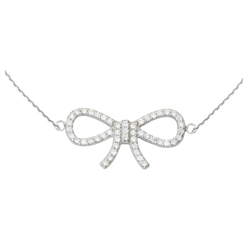 Sterling Silver Cubic Zirconia Bow 18in Necklace