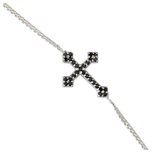 Sterling Silver Black CZ Sideways Fancy Cross Bracelet