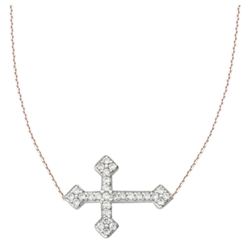 Sterling Silver CZ Fancy Sideways Cross Necklace