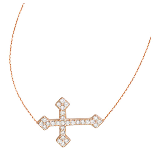 Rose Gold-plated Sterling Silver CZ Sideways Fancy Cross Necklace