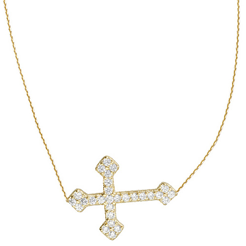Gold-plated Sterling Silver CZ Fancy Sideways Cross Necklace