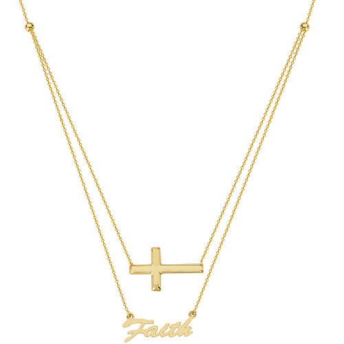 14k Yellow Gold Faith and Sideways Cross Duet Necklace