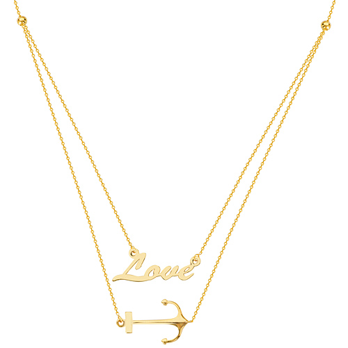 14k Yellow Gold Love and Anchor Layered Duo Necklace