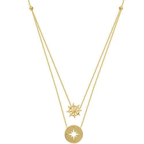 14k Yellow Gold Ship's Wheel and Compass Layered Duo Necklace