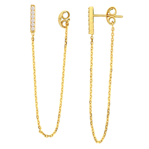 14k Yellow Gold Front to Back Bar Earrings with Cubic Zirconia Accents