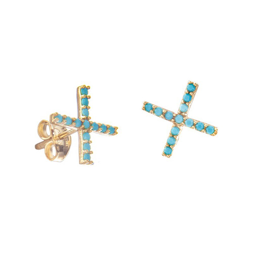 14k Yellow Gold Simulated Turquoise X Earrings