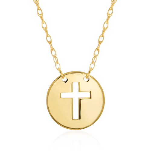 14k Yellow Gold Mini Disc Cross Necklace
