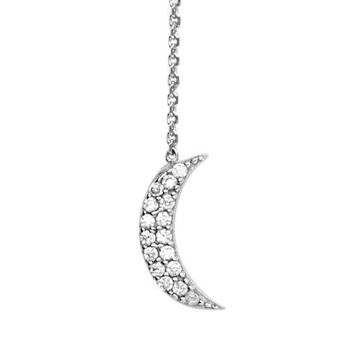 14k White Gold CZ Moon Lariat Drop Necklace