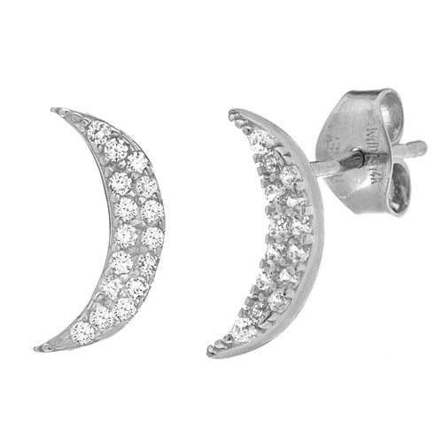14k White Gold Crescent Moon CZ Stud Earrings