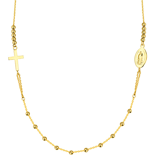 14k Yellow Gold Virgin Mary and Cross Necklace with Beads 20in