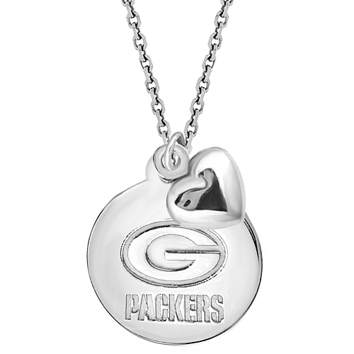 Sterling Silver Green Bay Packers Disc and Heart 18in Necklace