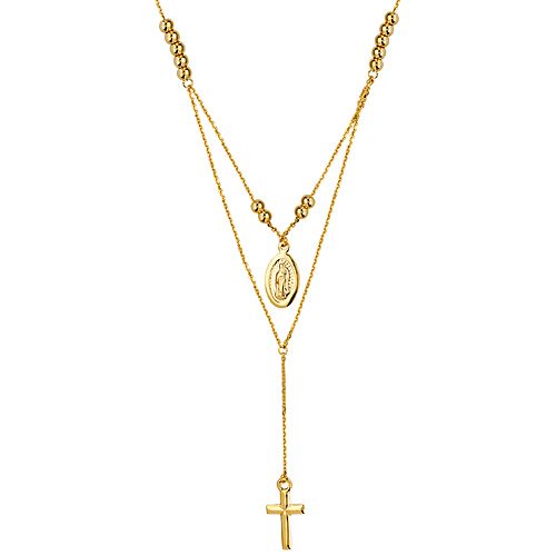14k Yellow Gold Virgin Mary and Cross with Beads Duet Necklace 18in