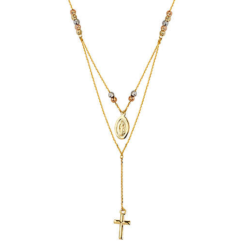 14k Tri-color Gold Virgin Mary and Cross with Beads Duet Necklace 18in