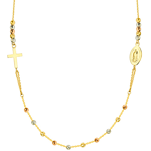 14k Yellow Gold Virgin Mary and Cross Necklace with Bead Accents 20in