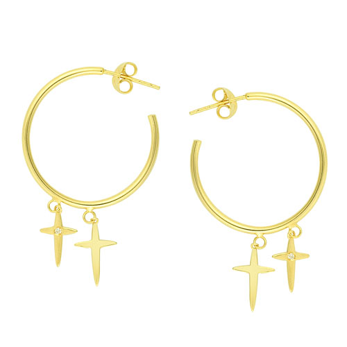 14k Yellow Gold Hoop Earrings with Dangling Crosses Diamond Accents