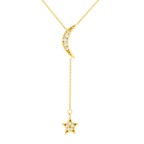 14k Yellow Gold 1/10 ct tw Diamond Crescent Moon and Star Necklace