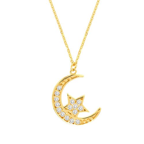 14k Yellow Gold 1/6 ct tw Diamond Half Moon and Star Necklace