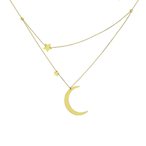 Moon and Stars Layered Necklace 14k Yellow Gold